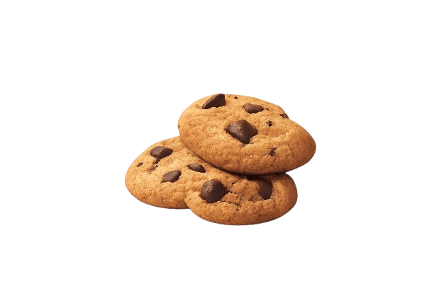 Three chocolate chip cookies stacked on top of each other
