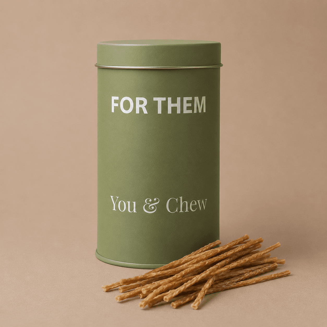 The sage FOR THEM refill tin beside a pile of dehydrated chicken twists